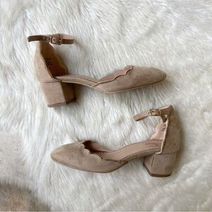 Scalloped Faux Suede Tan Ankle Strap Heels